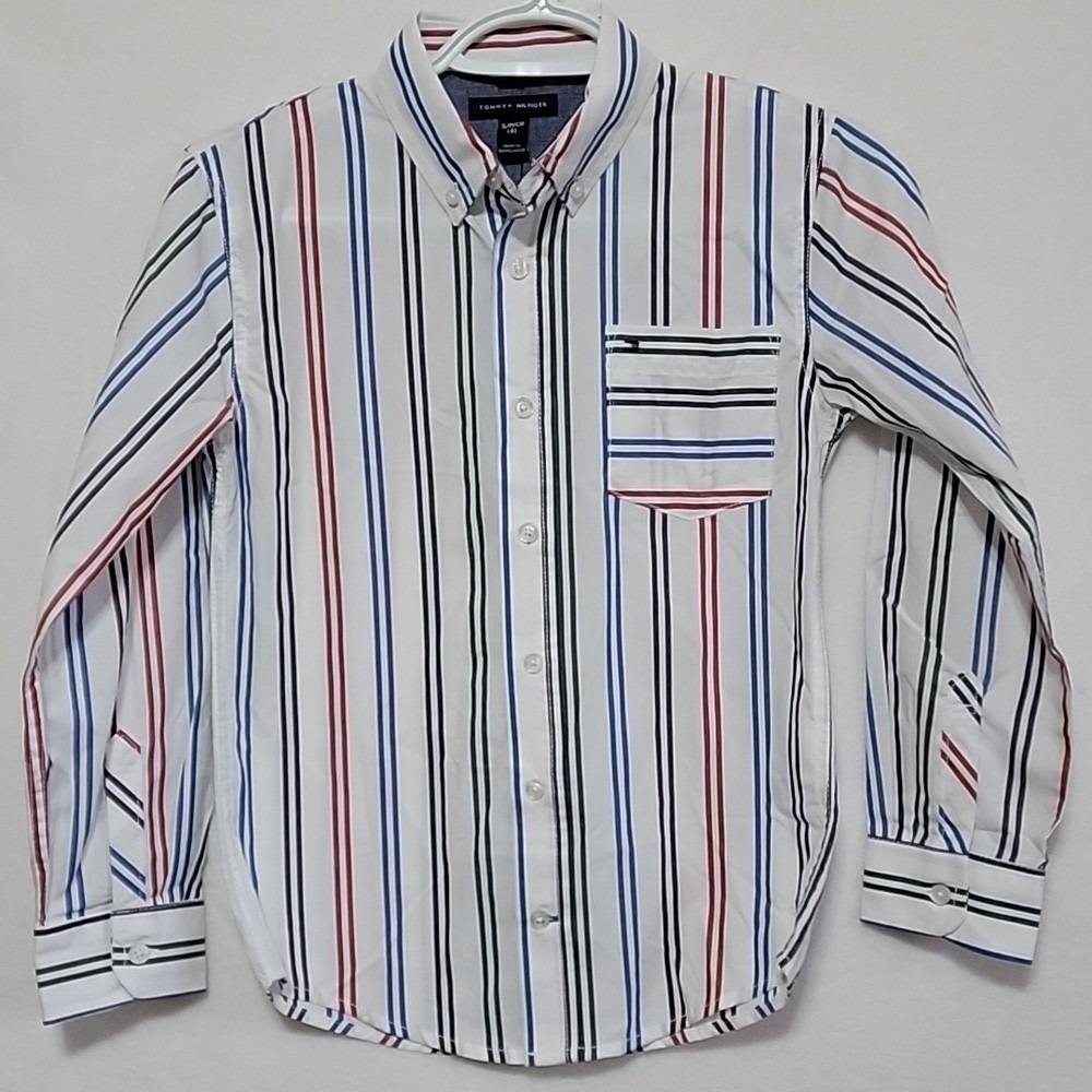Tommy Hilfiger Boys Snow White Multi Color Striped‎ Button Down Shirt Size S 8